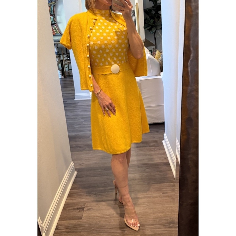 Vintage 60s 70s St John Knits Yellow White Polka Dot Dress Cardigan Belt Mod